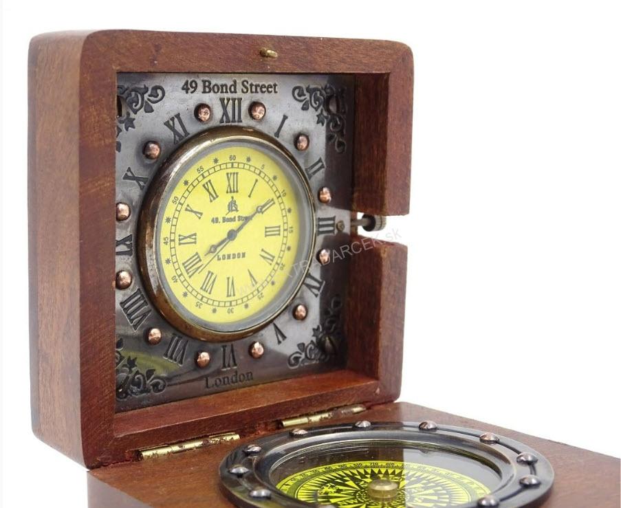 Retro kompas a hodiny v drevenej krabičke